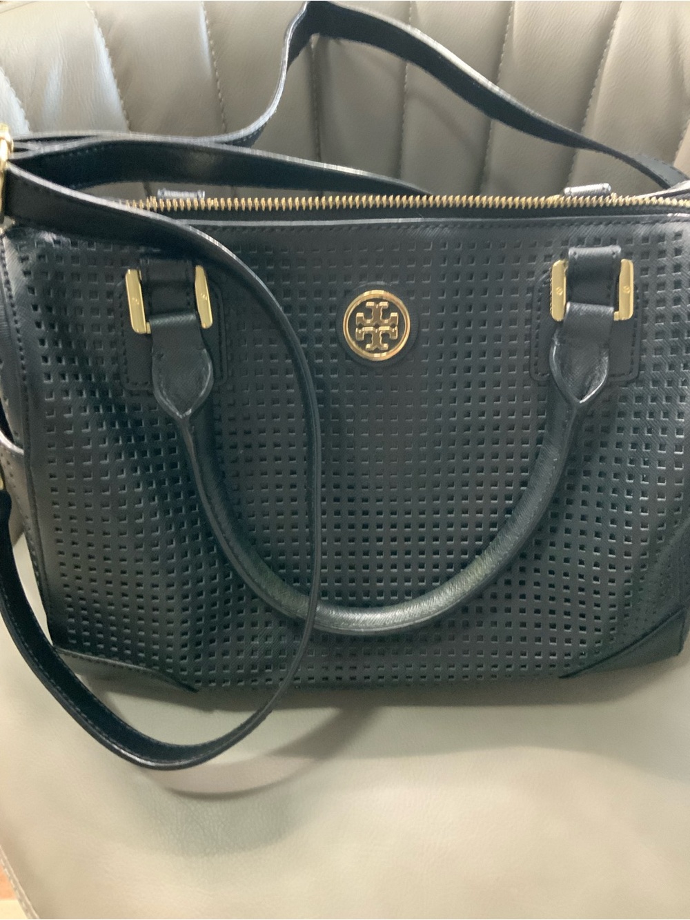 Tory Burch Black Perforated Leather Satchel with Gold Hardware